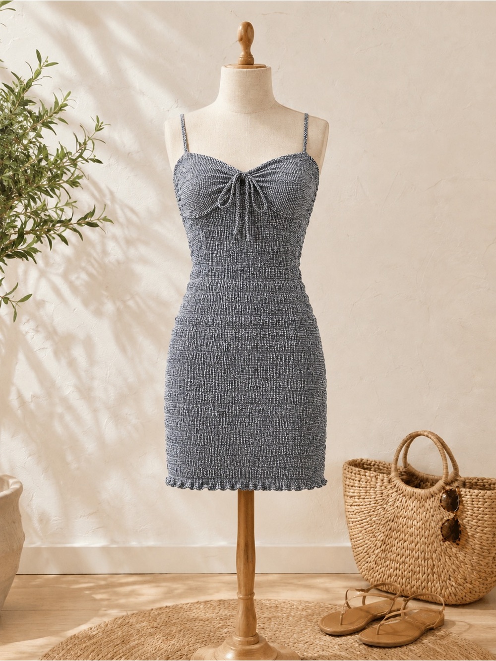 American Eagle Outfitters Smocked Tie-Front Spaghetti Strap Dress in Denim Blue